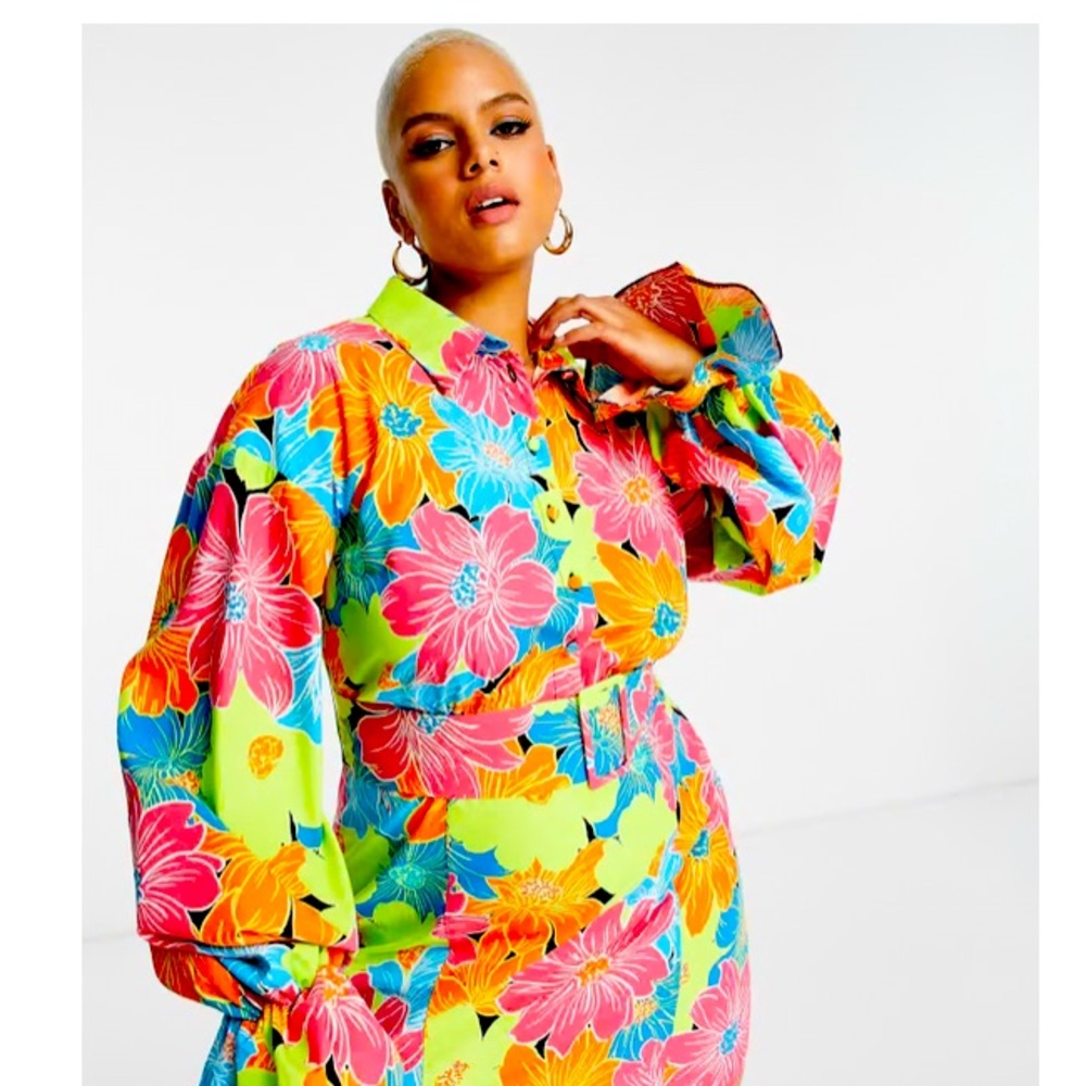 ASOS Curve Size 18 Floral Midi Belted Dress Long Sleeve Bold Statement Dress NWT